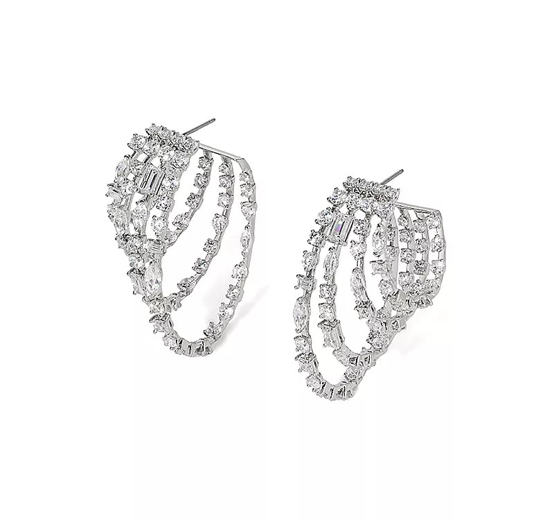 Nadri Cabaret Cubic Zirconia Multi Row Hoop Earrings in Rhodium Plated - Exclusive
