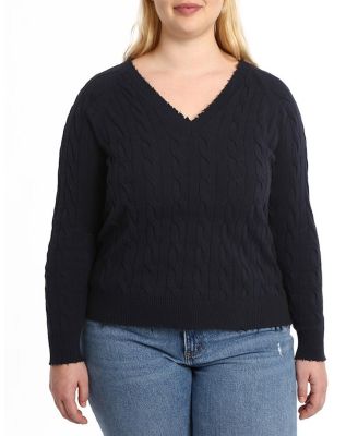 Plus size Cotton Frayed Cable Long Sleeve V Neck Sweater Top