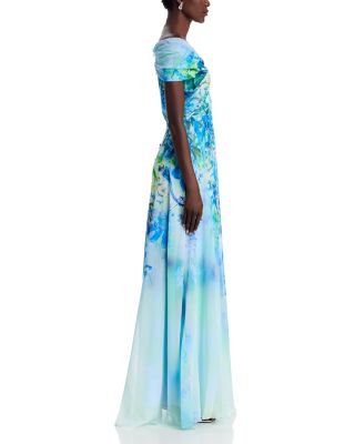 Chiffon Criss Cross Off-the-Shoulder Leaf Print Gown