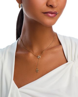 Diamond Star of David & Hamsa Hand Lariat Necklace in 14K Yellow Gold, 0.15 tcw