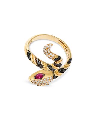 Ruby & Black & White Diamond Snake Bypass Ring in 14K Yellow Gold