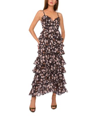 Printed V Neck Ruffle Maxi Dress