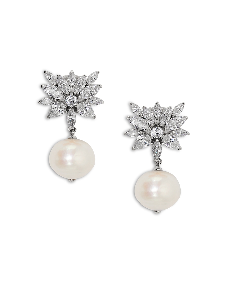 Nadri Sav Cubic Zirconia Cluster & Cultured Freshwater Pearl Clip On Drop Earrings In Rhodium Plated In Silver
