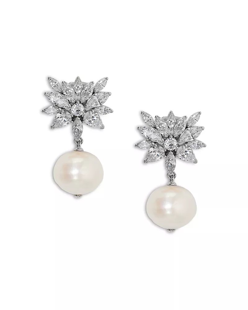 Nadri Sav Cubic Zirconia Cluster & Cultured Freshwater Pearl Clip On Drop Earrings in Rhodium Plated