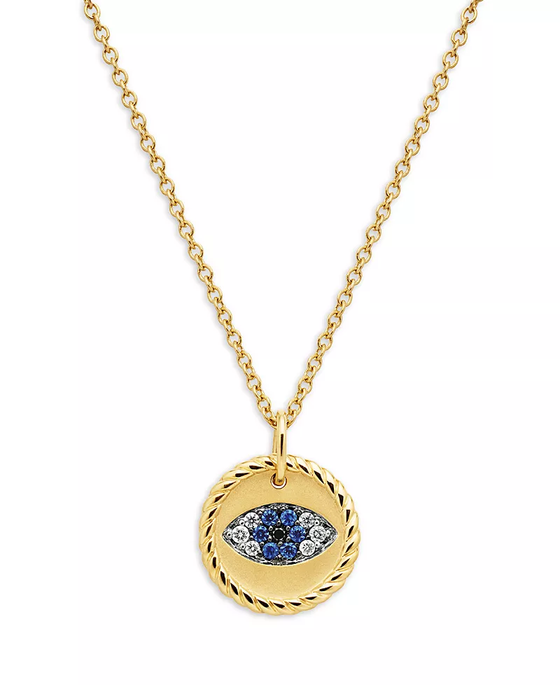 David Yurman Cable Collectibles Evil Eye Charm Necklace with Blue Sapphire and Diamonds in 18K Gold