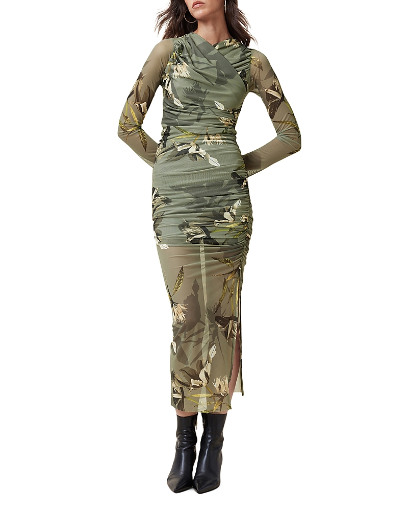 Allsaints Hanako Print Mesh Wrap Maxi Dress In Emerge Olive Green