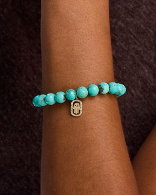 14K Yellow Gold Matrix Turquoise & Diamond Accent Hamsa Hand Stretch Bracelet