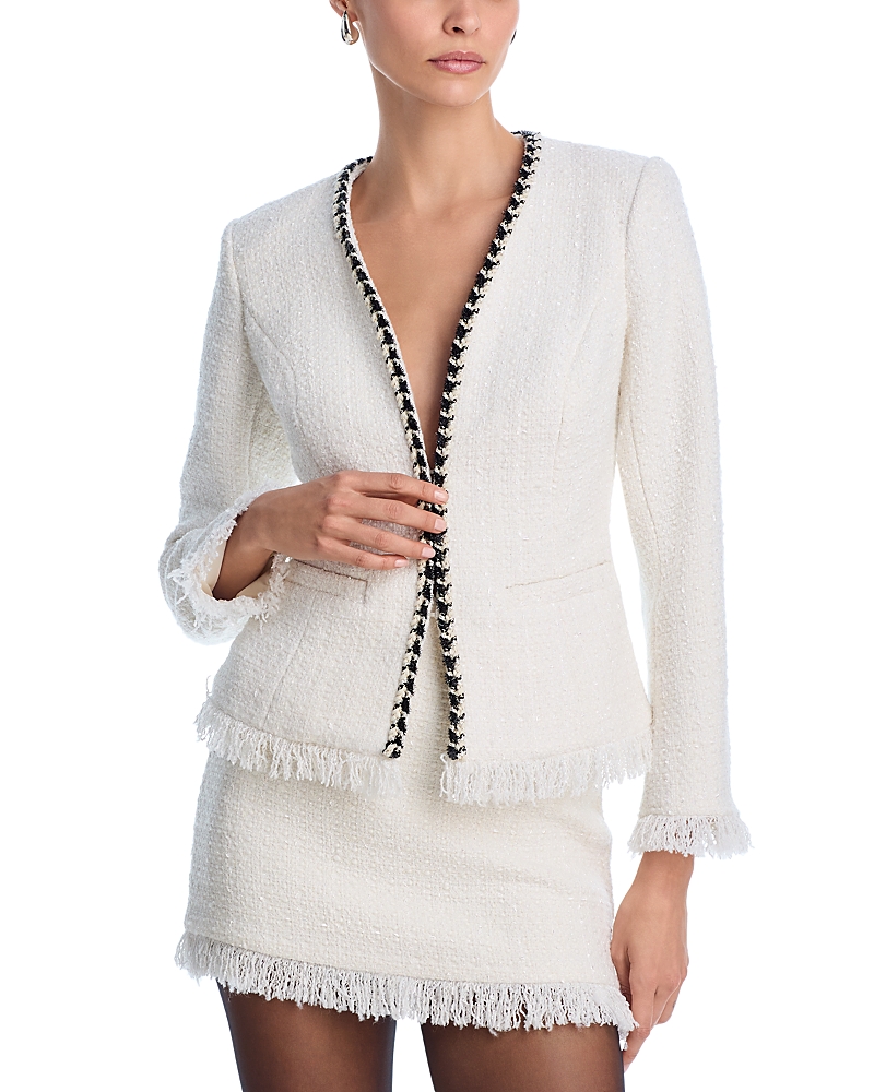 Shop Aqua Tweed Fringe Trim Jacket In White