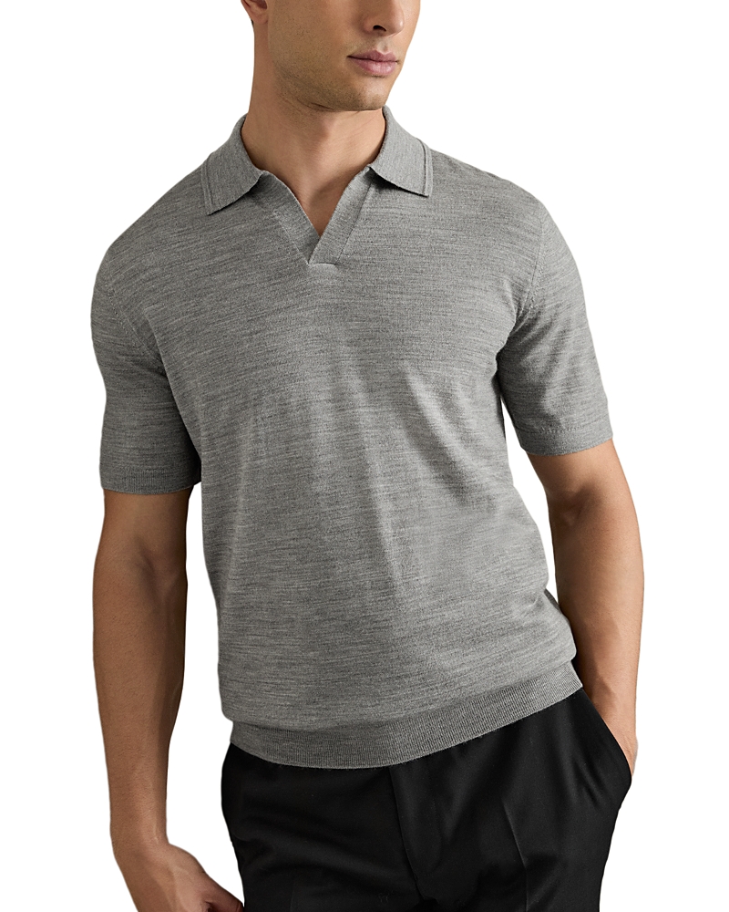 Reiss Warm Grey Melange Merino Wool Open-collar Polo Shirt In Warm Grey