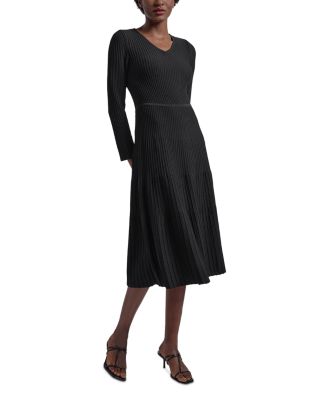 Long Sleeve V Neck Ribbed Midi Dress