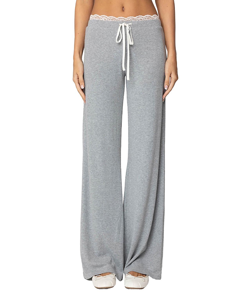 Edikted Peekaboo Lace Trim Knit Wide Leg Pants In Gray Melange