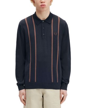 トップス Fred Perry Long Sleeve Ribbed Polo Shirt Fred Perry Cotton Knit Vertical Stripe Regular Fit Long Sleeve