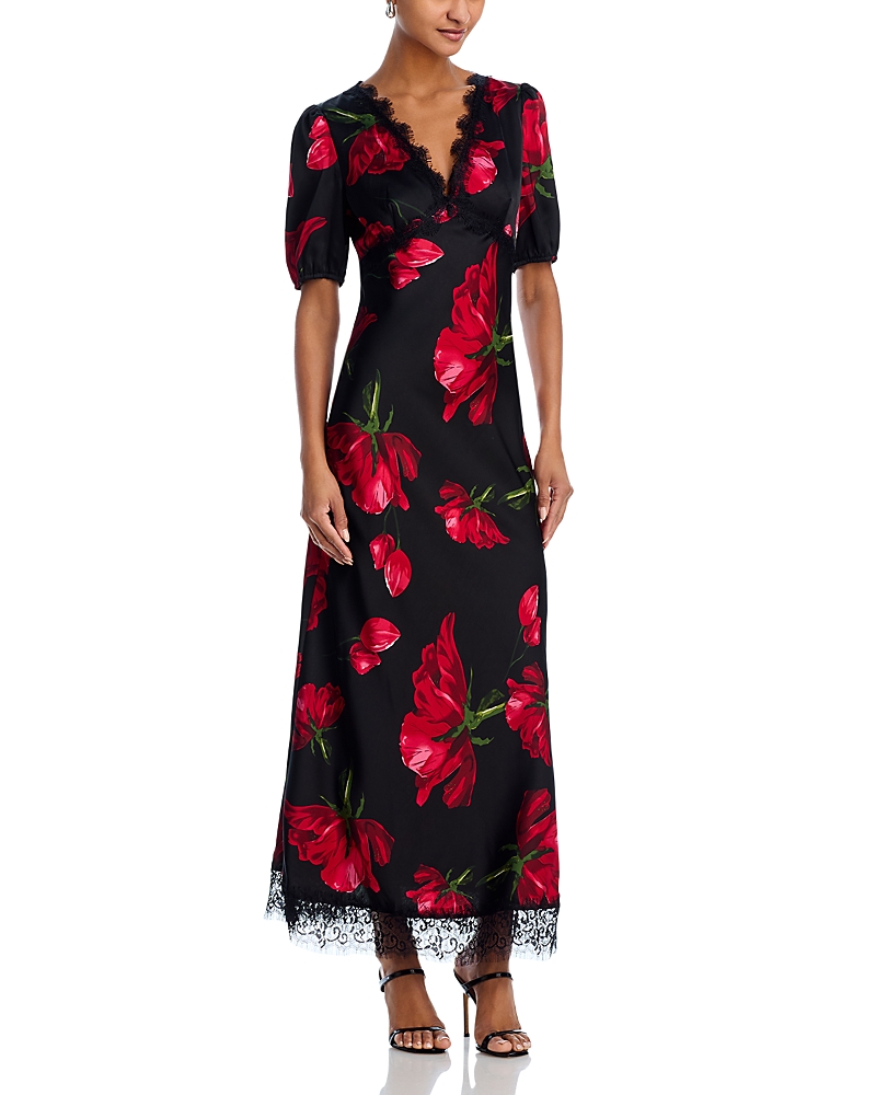AQUA ROSE PRINT LACE TRIM MAXI DRESS - EXCLUSIVE