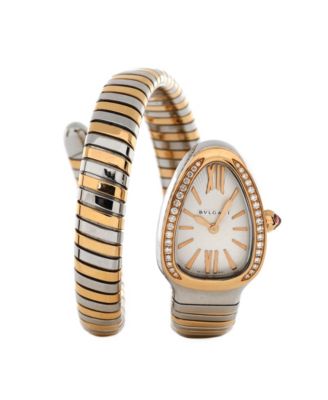 Pre-Owned Bvlgari Serpenti Tubogas Single Spiral Quartz Watch in Stainless Steel and Rose Gold with Diamond Bezel 23mm