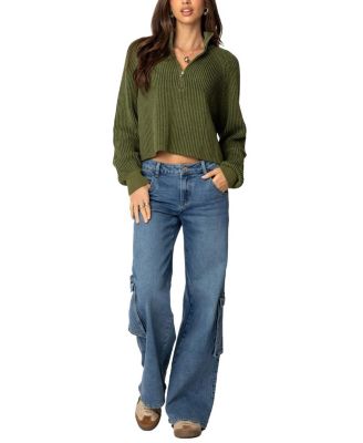 Cropped Rib Knit Half Zip Sweater