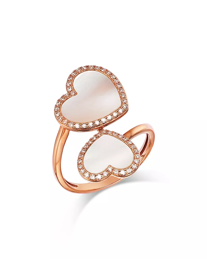 Bloomingdale's Fine Collection Mother of Pearl & Diamond Double Heart Bypass Ring in 14K Rose Gold
