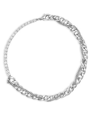 Shashi - Domino Cubic Zirconia & Mixed Chain Collar Necklace in Silver Tone, 15.5"