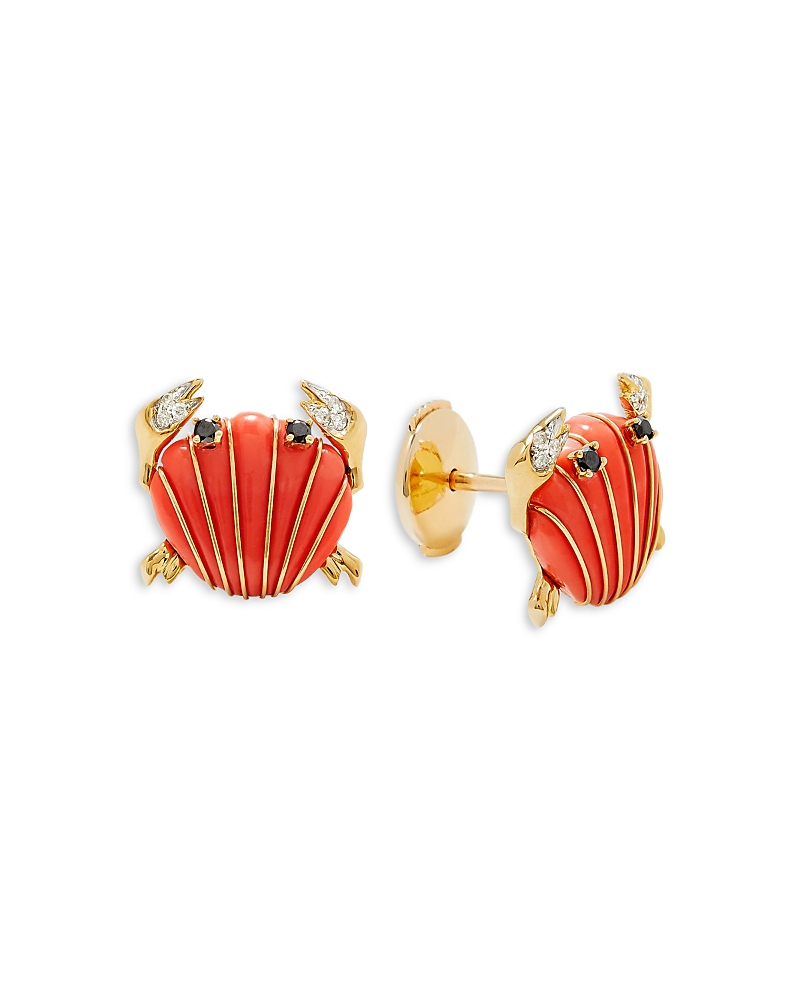 Yvonne Léon 9k Yellow Gold Paire De Puces Crabe Coquillage Corail Coral & Multicolor Diamond Crab Stud Earrings In Orange/gold