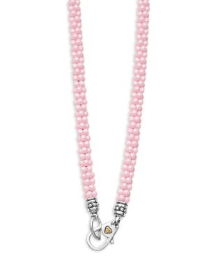18K Yellow Gold & Sterling Silver Pink Caviar Ceramic Bead Collar Necklace, 16"