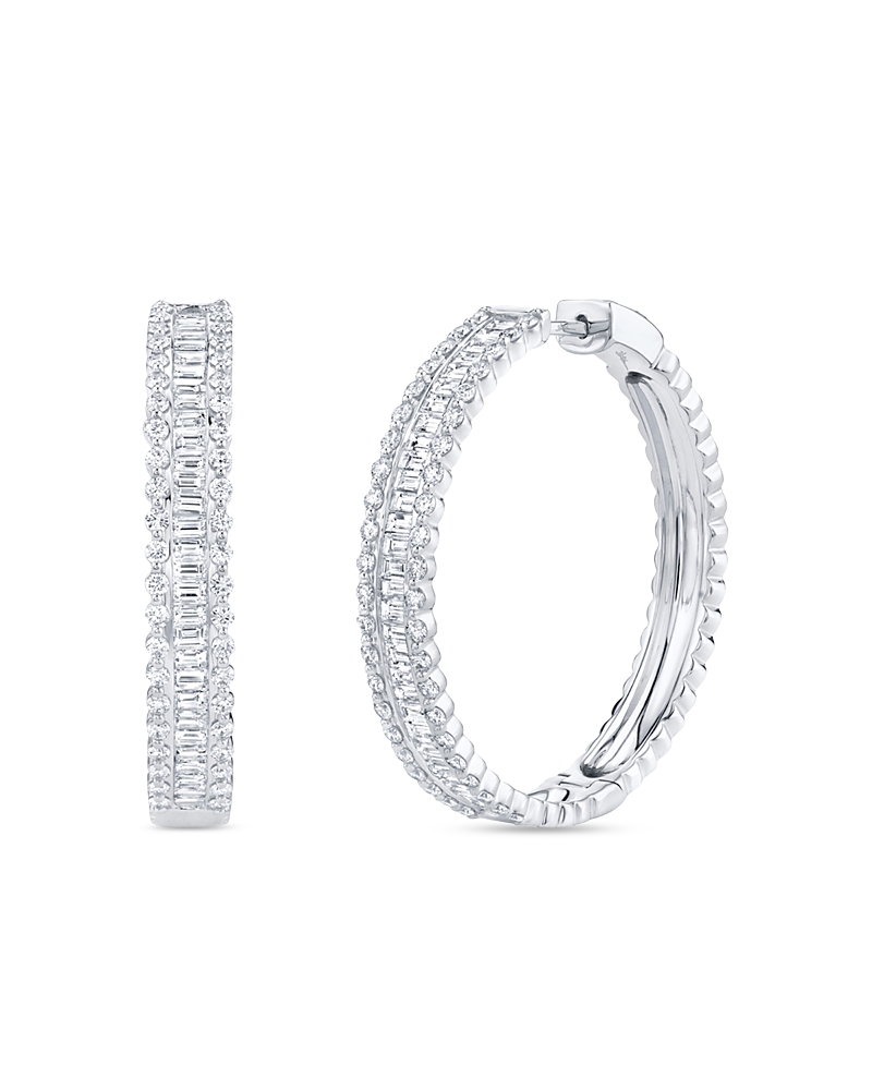 Shy Creation 14K White Gold Kate Diamond Baguette & Round Medium Hoop Earrings