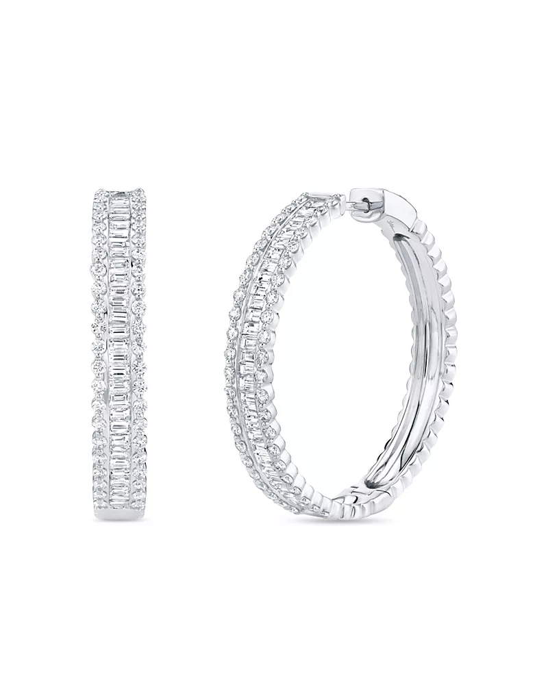 Shy Creation 14K White Gold Kate Diamond Baguette & Round Medium Hoop Earrings