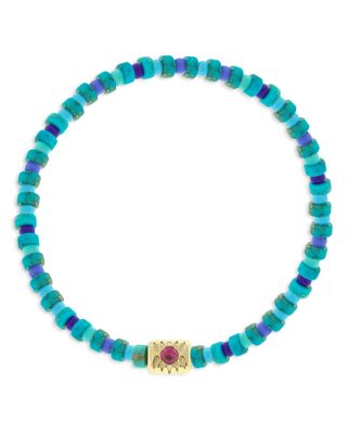 LUIS MORAIS - Men's 14K Yellow Gold Shine On Pink Sapphire Ingot Turquoise Beaded Bracelet