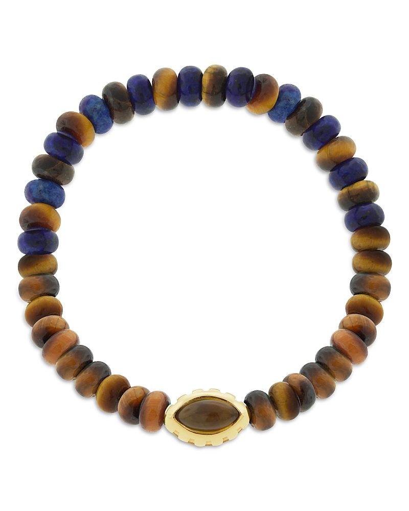 Luis Morais Men's 14k Yellow Gold Citrine Eye Of The Idol Tiger's Eye & Lapis Beaded Bracelet In Gold