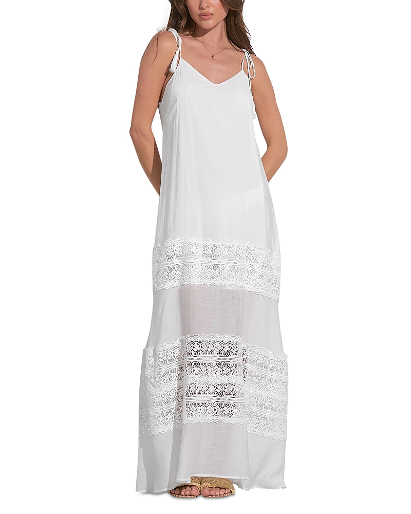 Elan Spaghetti Strap Crocheted Tiered Maxi Dress In White