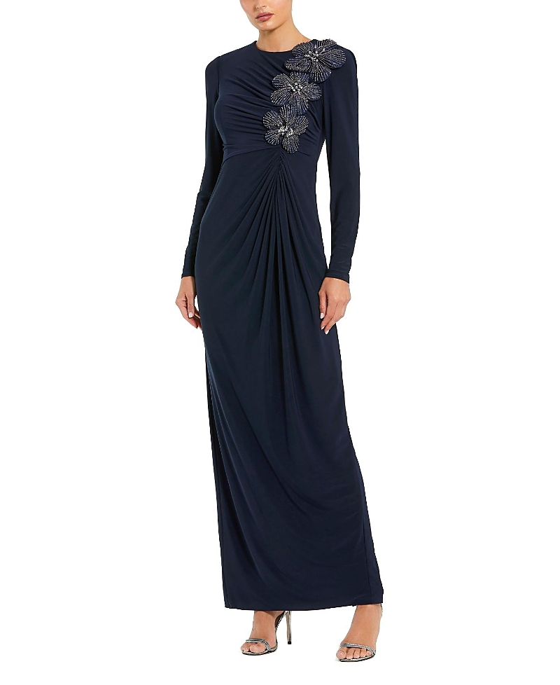 Mac Duggal Jersey Long Sleeve Fitted Gown With 3d Flowers In Midnight