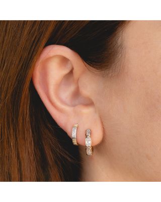 14K Yellow Gold Aleera Diamond Round & Baguette Octagon Cluster Huggie Hoop Earrings