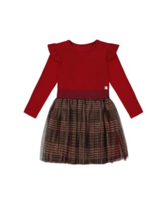 Deux par Deux - Girls' Long Sleeve Dress with Glittering Tulle Skirt Red Plaid - Big Kid