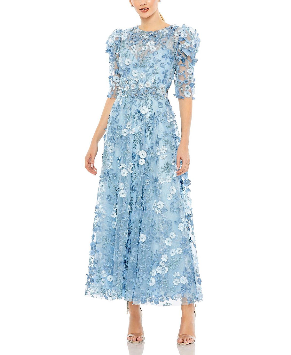 Mac Duggal Applique High Neck Puff Sleeve A Line Dress