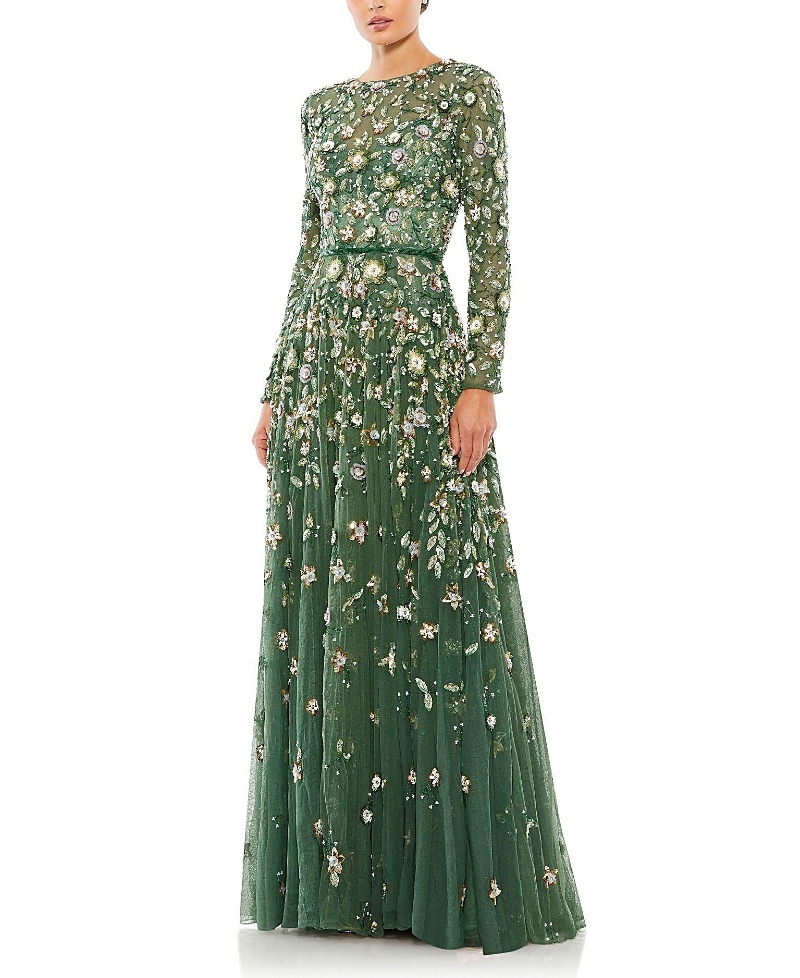 Mac Duggal Embellished High Neck Long Sleeve A Line Gown In Sage