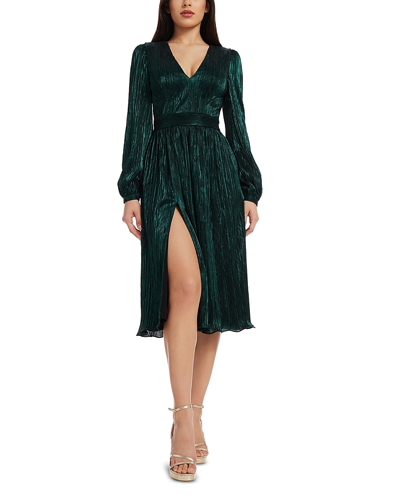 DRESS THE POPULATION DRESS THE POPULATION HOLLY LONG SLEEVE METALLIC PLISSE DRESS