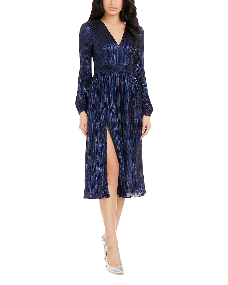 Dress the Population Holly Long Sleeve Metallic Plisse Dress