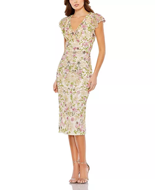 floral embellished flutter cap sleeve dress