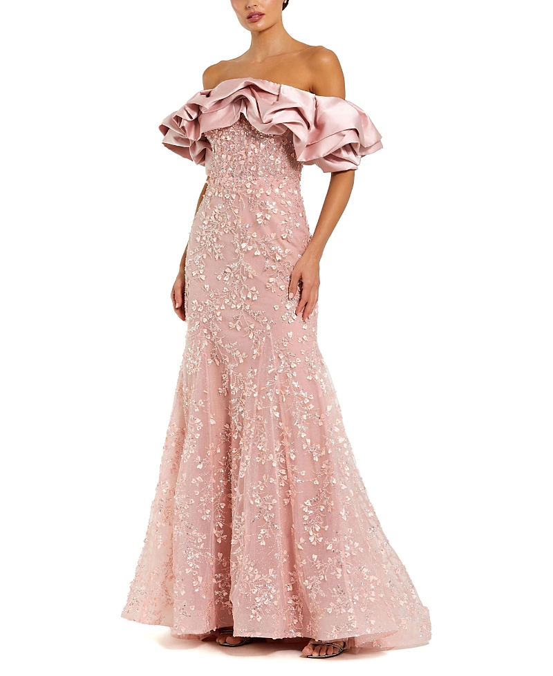 Mac Duggal Beaded Applique Off The Shoulder Mermaid Gown In Rose