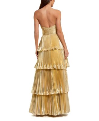 Strapless Pleated Metallic Layered High Low Gown