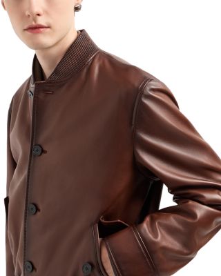 Regular Fit Button Front Leather Bomber Jacket
