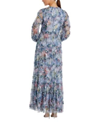 Long Sleeve High Neck Sequin Detail Ruffle Gown