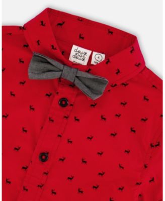  Printed Reindeer Poplin Shirt with Bow Tie - Baby