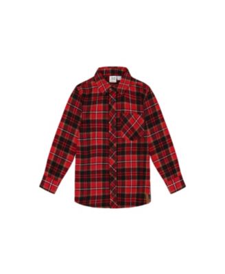 Deux par Deux - Long Sleeve Button Down Flannel Shirt Plaid Black and Red - Big Kid