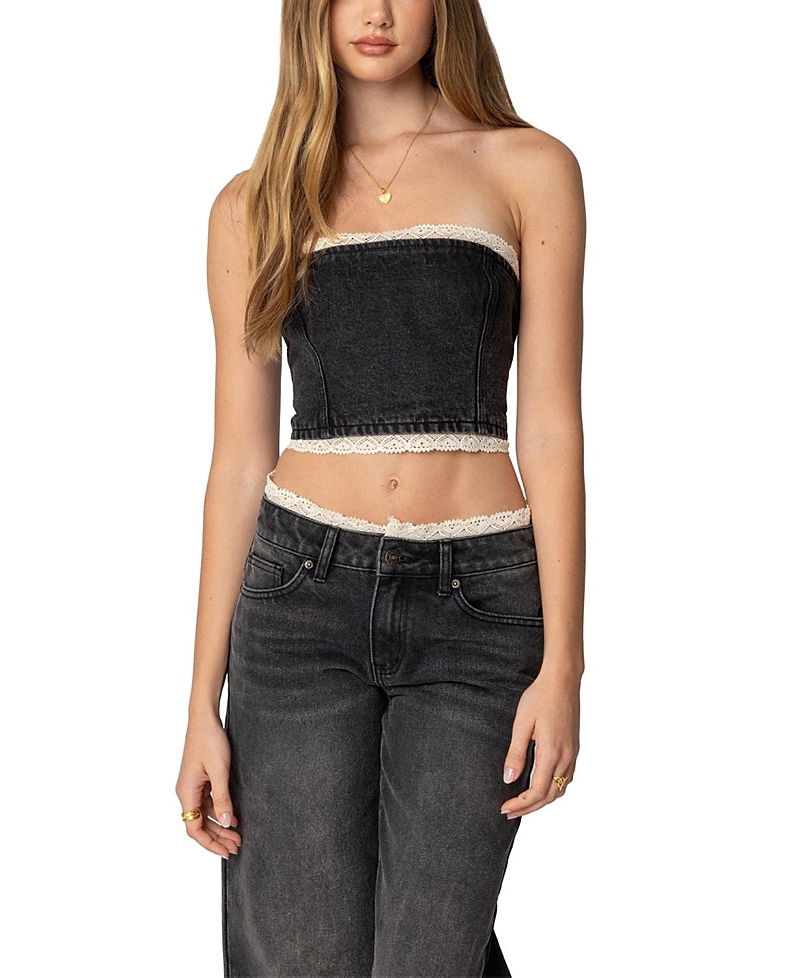 Shop Edikted Karlie Lace Trim Denim Tube Top In Black Washed