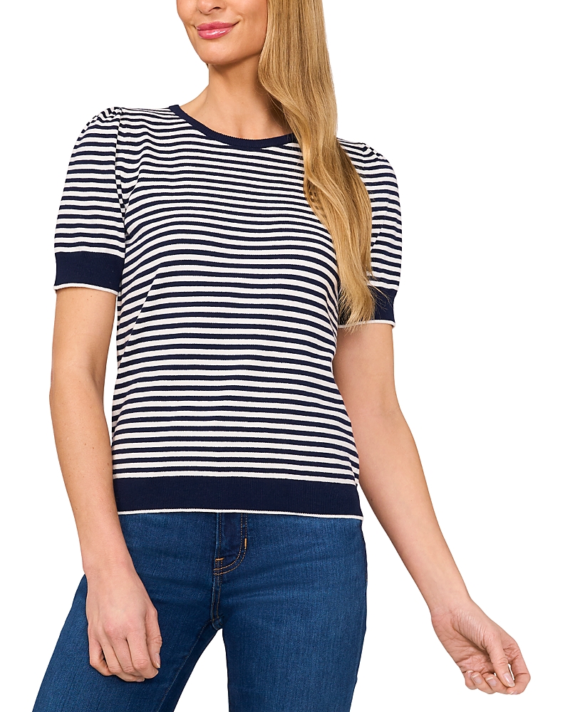 Shop Cece Tipped Puff Short Sleeve Striped Sweater In Classic Navy