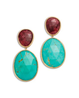18K Yellow Gold Lunaria Color Turquoise & Thulite Drop Earrings