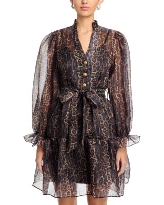 Organza Leopard V Neck Tiered Dress