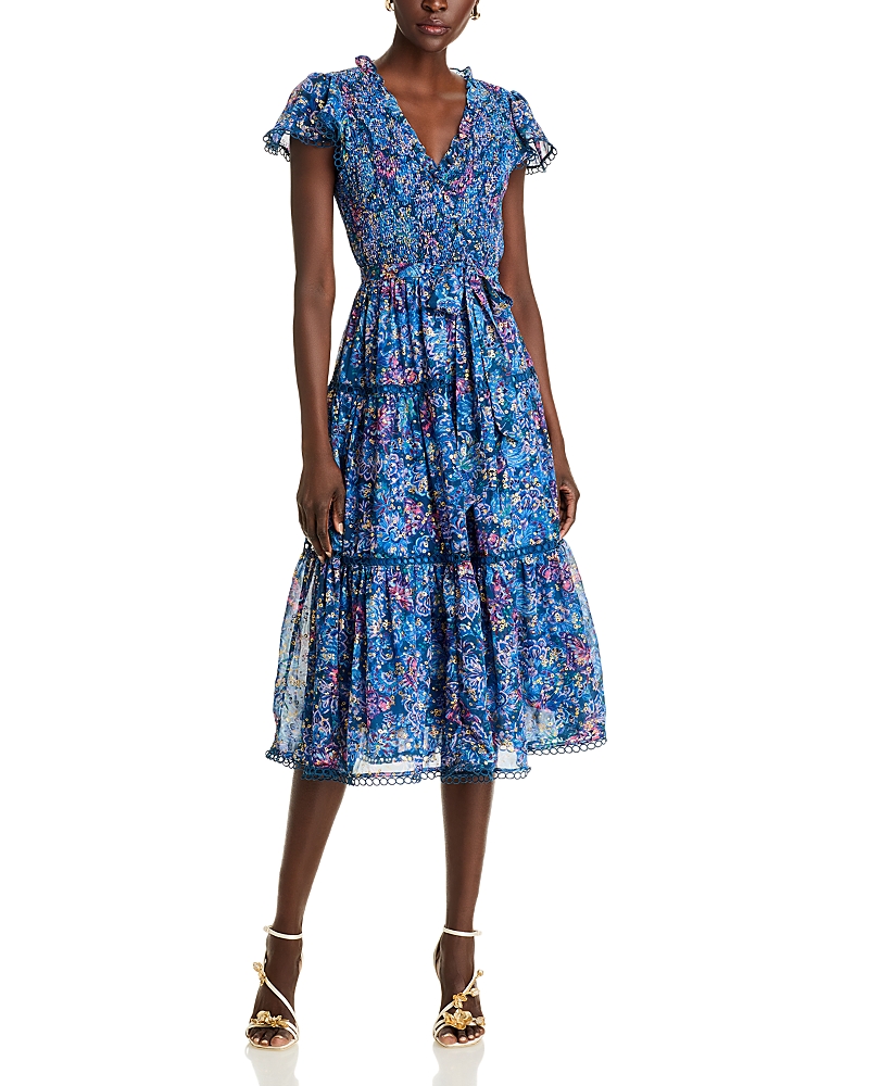 AQUA METALLIC FLORAL MIDI DRESS - EXCLUSIVE