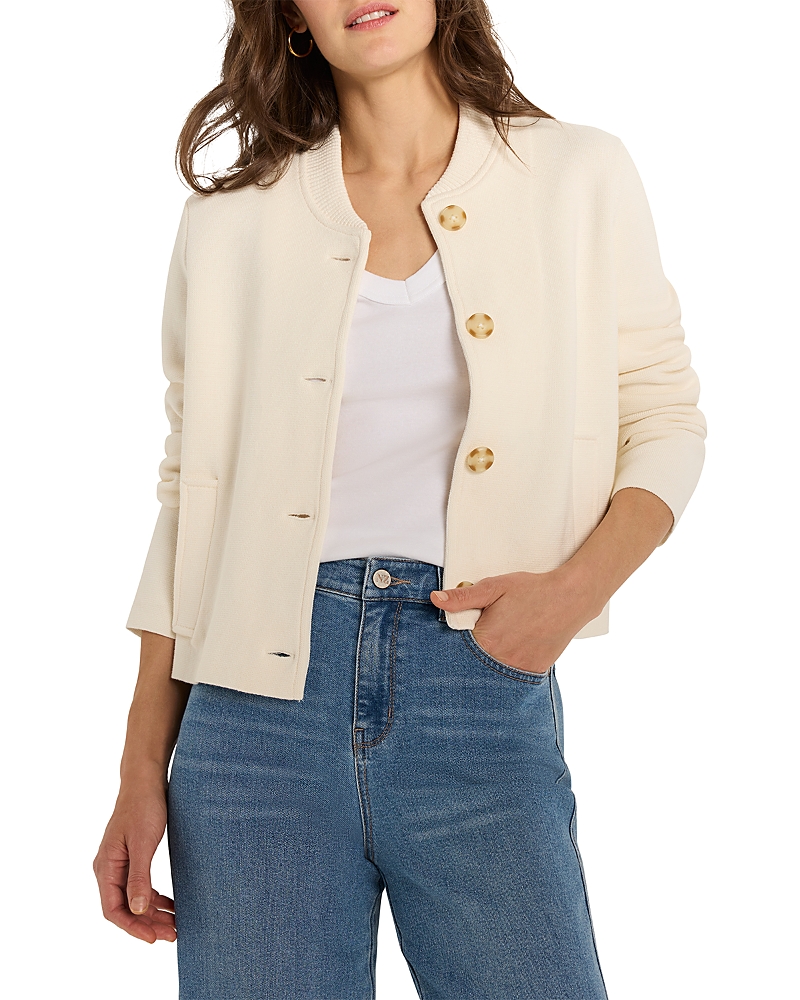 Nic + Zoe Nic+zoe Crop Knit Bomber Jacket In Classic Cream