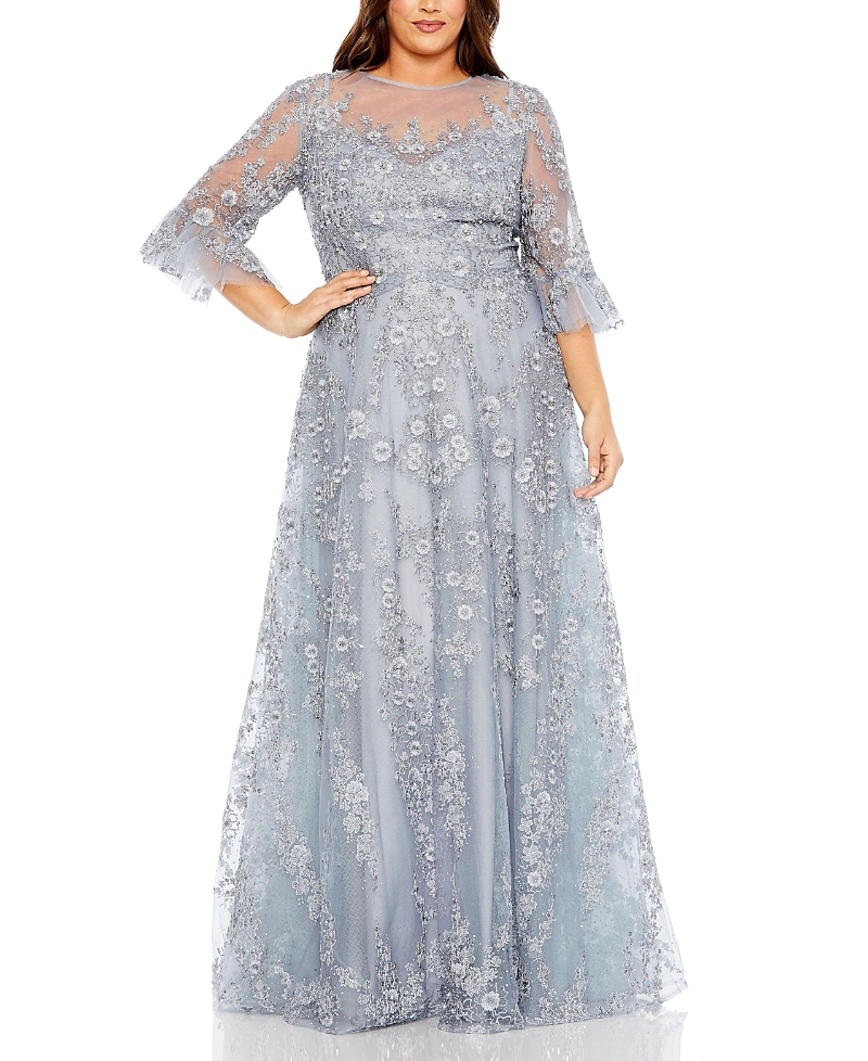 Mac Duggal Plus High Neck Flutter Sleeve Embellished A-line Gown In Blue