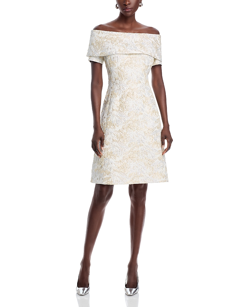 Teri Jon By Rickie Freeman Metallic Jacquard Off-the-shoulder Dress In Ivory Multi